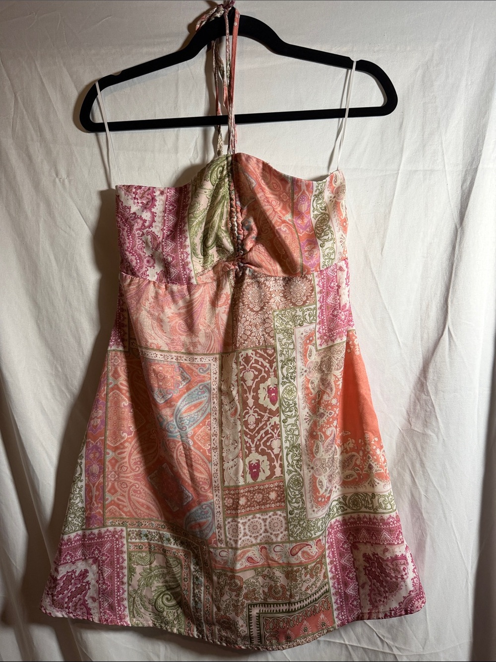 Altar’d State Strapless Silky Patchwork Paisley Sundress in Coral and Pink S/XS